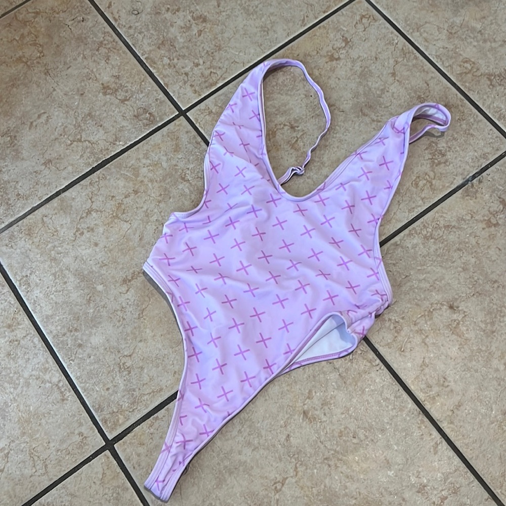 Boutine LA one piece bikini logo lavender purple mediym m bathing suit s xs sm